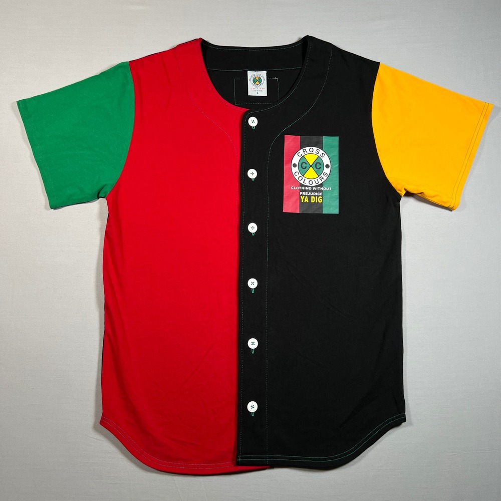 Cross Colours Mens Baseball Jersey Shirt Colorblock Red Black Small 90s Hip Hop